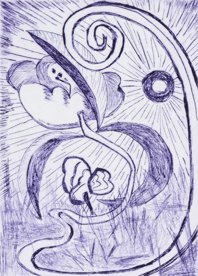 This is a photo of a drypoint by artist Sara Hughes in dark purple picturing a vine stretching toward the moon’s rays.