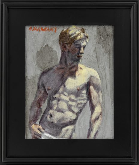 This painting shows a man wrapped from the waist down in a towel. He looks off to the right.