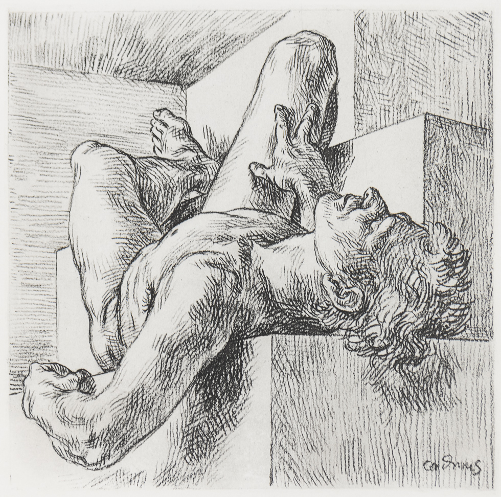 This is a black-and-white etching of a man reclined on stepped ledges.