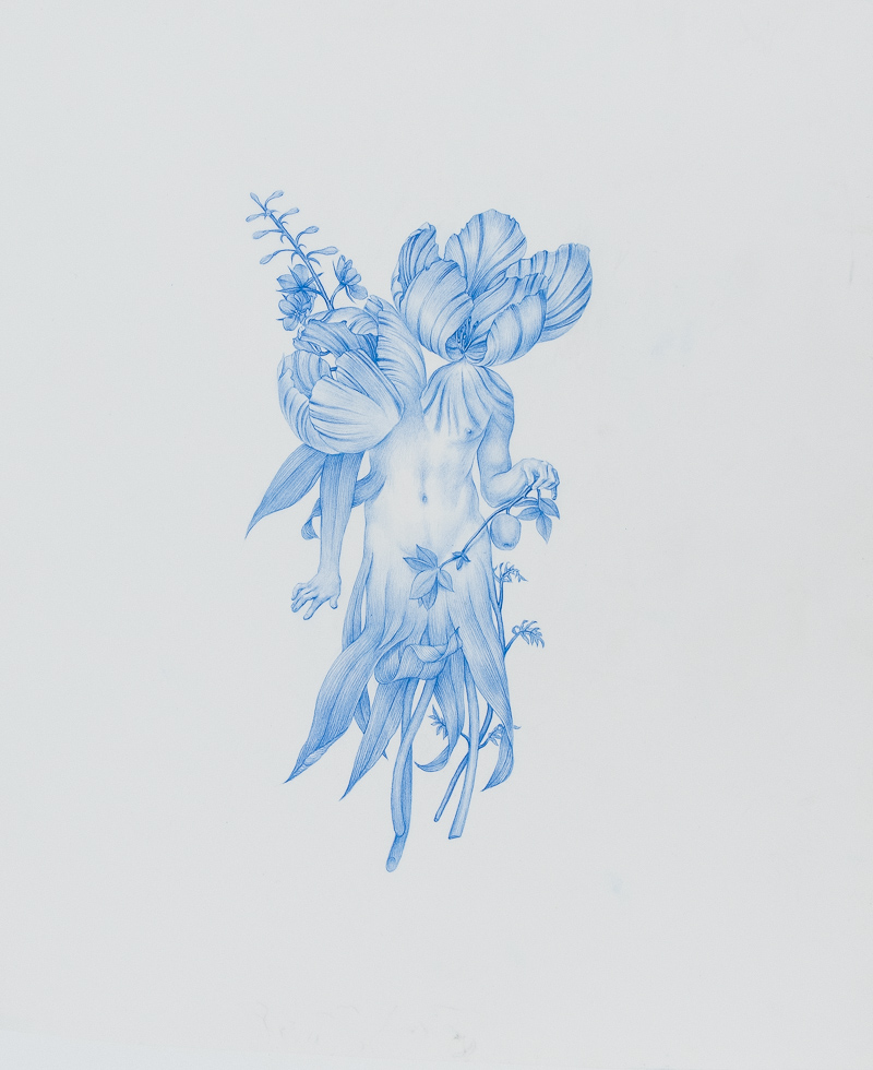 A blue-colored pencil drawing of a torso turning into flowers at the top and leaves on the bottom.