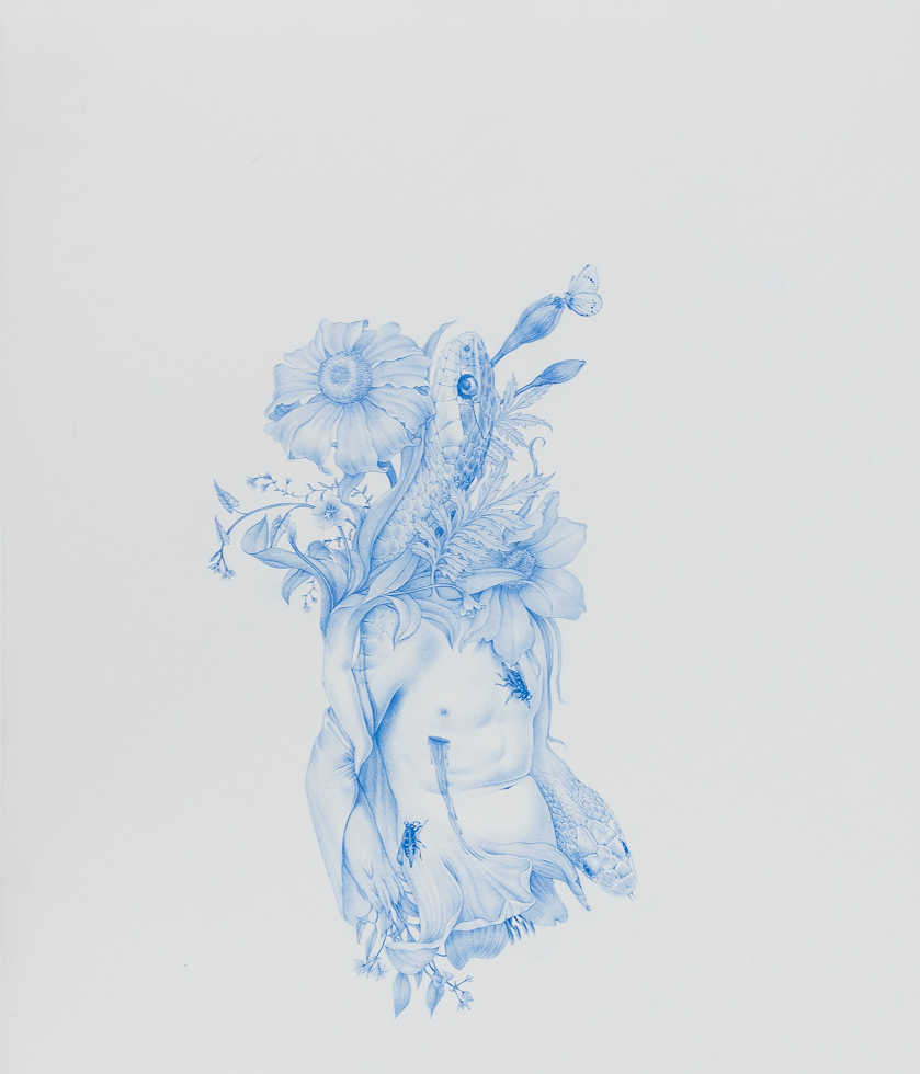 A blue-colored pencil drawing of a torso enveloped and transforming into plants and a snake.