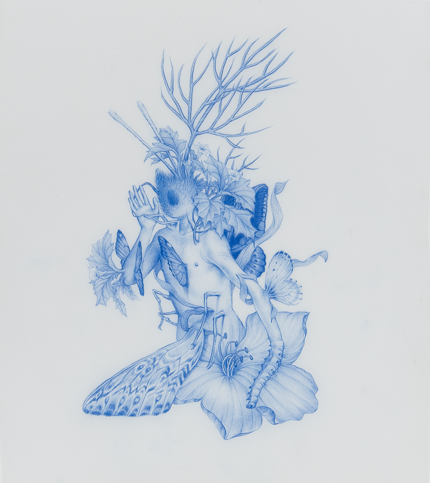 A blue colored pencil drawing of a body where the arm, head, and legs are transforming into plants and insects.