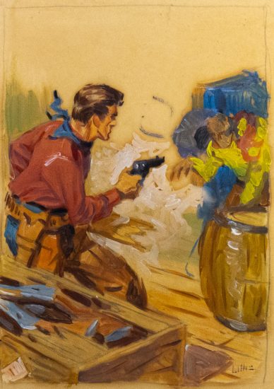 Click for sizes / editions / prices. This is a painting depicting a cowboy with a gun shooting at a figure behind a barrel.