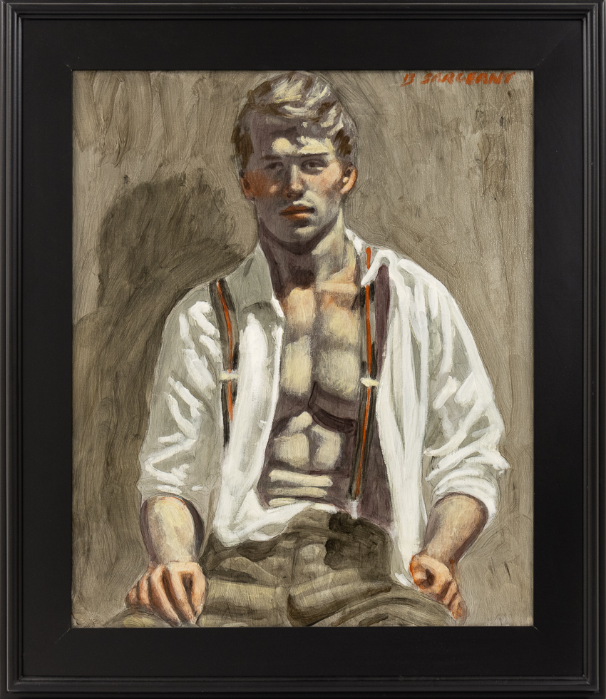 Picture of a Mark Beard (Bruce Sargeant) painting of a man named Nick with his white shirt open and red striped suspenders against a gray background.