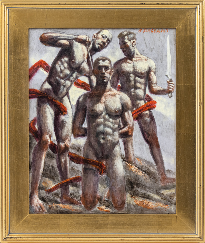 This is a painting in a gold frame by Mark Beard (Bruce Sargeant) of three nude men in a mysterious ceremony with a long red ribbon and knives.