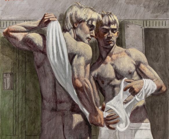 A painting of two men in a locker room with one nude with a towel from behind and one in white briefs from the front.