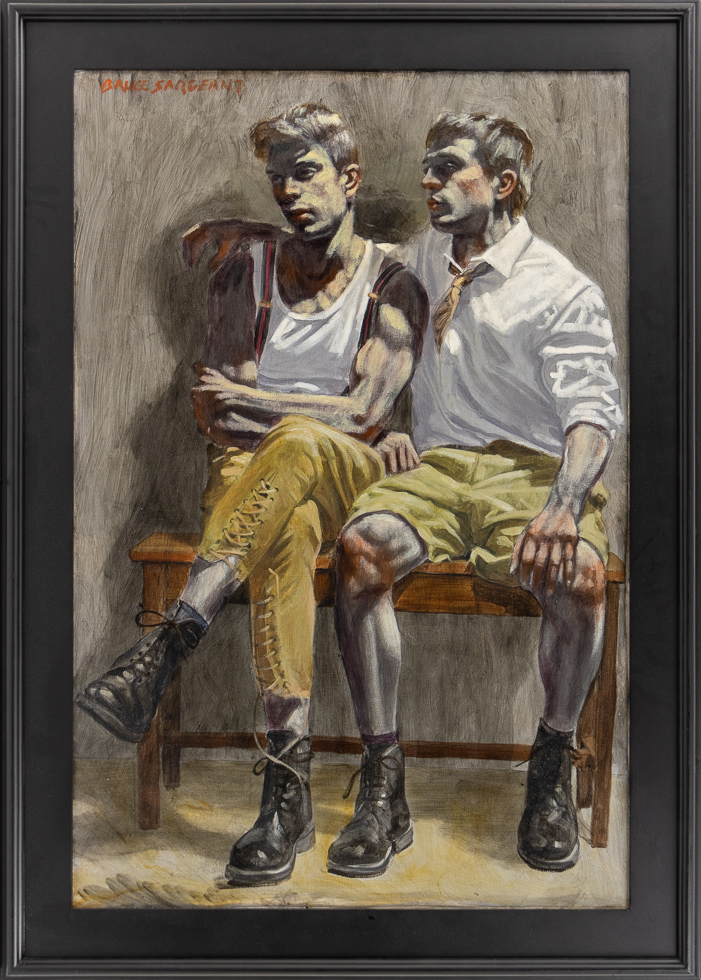 THis is a painting in a black frame depicting two men seated on a brown bench against a gray wall.