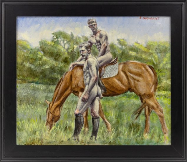 This is a painting with two nude men and a brown horse in a green field.