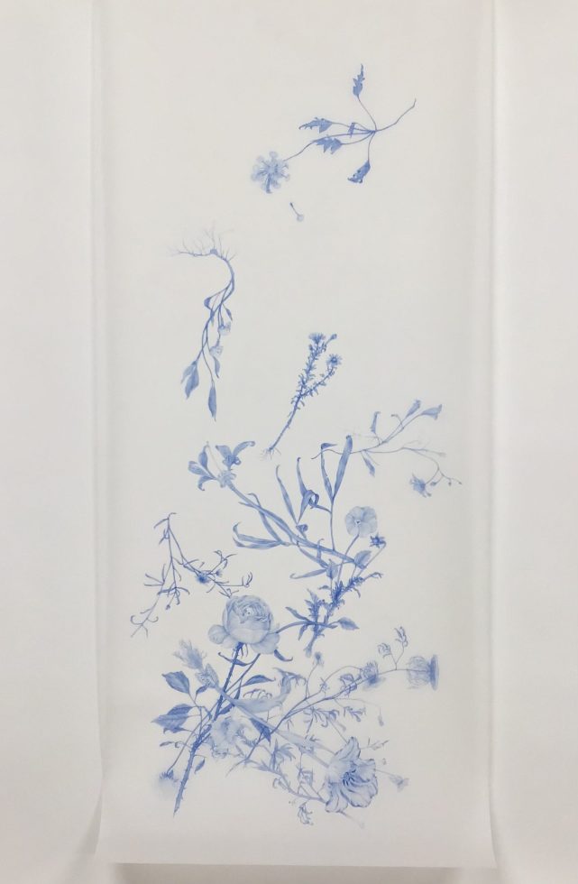 This is a blue-colored pencil drawing of flowers and leaves with human bones as some of the botanic elements.