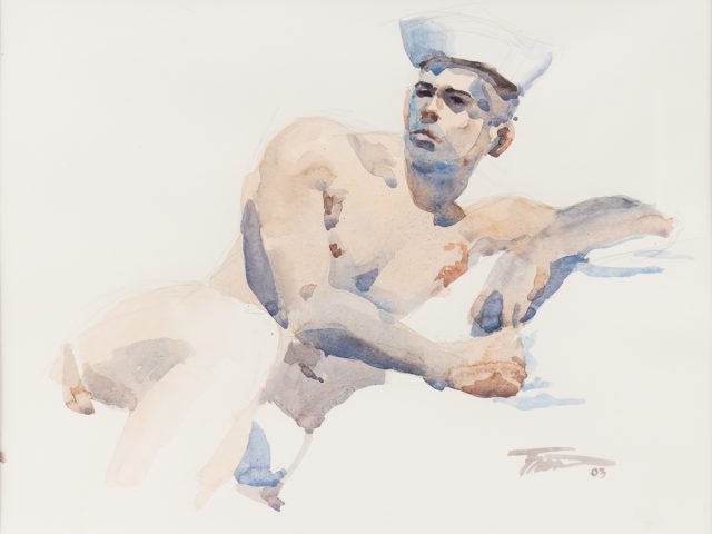 A watercolor painting of a shirtless sailor in a cap.