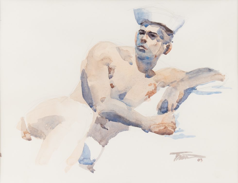 A watercolor painting of a shirtless sailor in a cap.