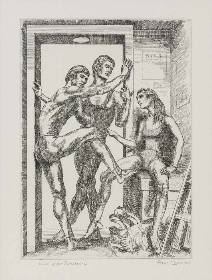 This is an etching by Paul Cadmus from the 1980s entitled Waiting for Rehearsal that depicts two men and one woman in ballet attire waiting for the start of rehearsal at the New York City Ballet