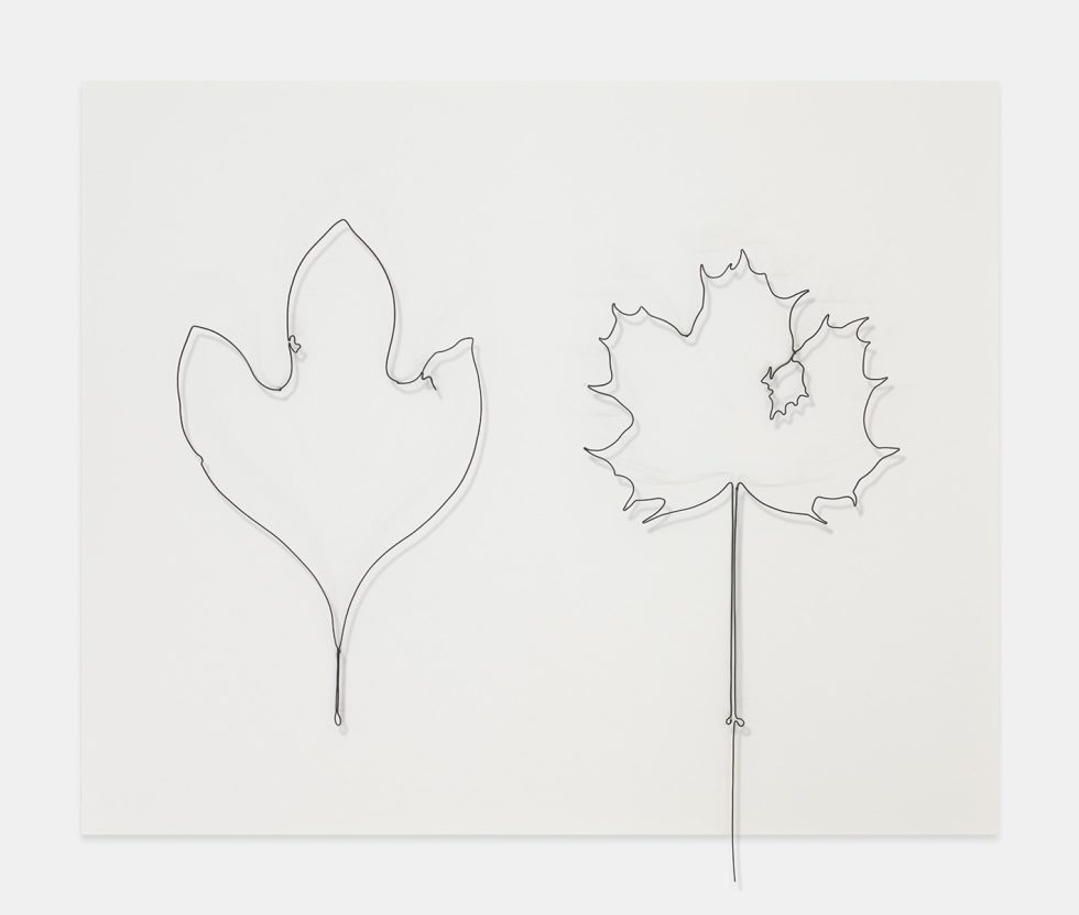 A wire and paper sculpture by artist Eric Rhein picturing a leaf titled "Borrowed Time [Paul Monette (1945-1995), Roger Horwitz (1941-1986),  from "Leaves, An AIDS Memorial].