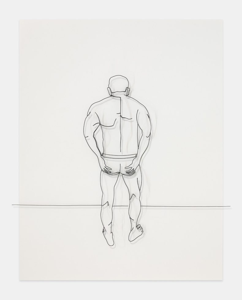 A wire self-portrait by Eric Rhein in a jock strap from behind.