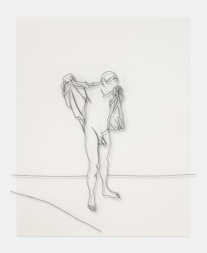 A wire self-portrait by Eric Rhein depicting the artist in the nude taking off his shirt.