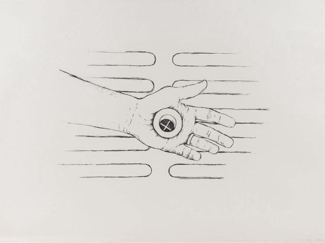 This is an image of a black-and-white lithograph illustrating a man's hand over a sewer grate with a sink drain in the middle of the hand.