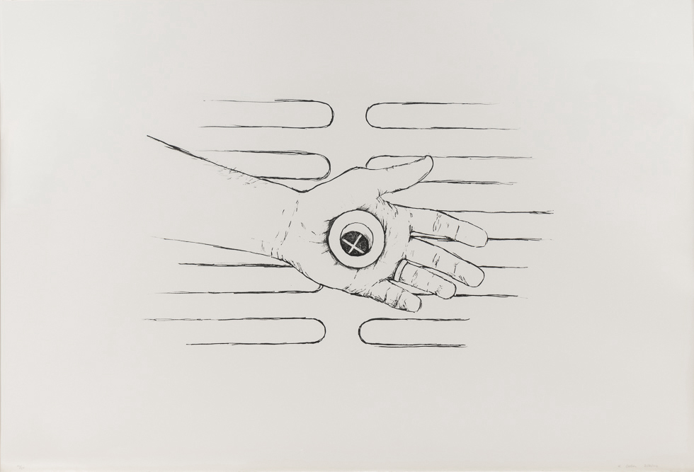 This is an image of a black-and-white lithograph illustrating a man's hand over a sewer grate with a sink drain in the middle of the hand.