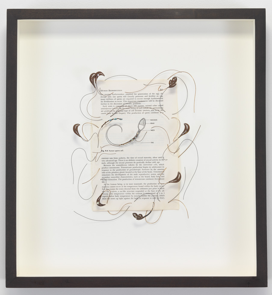 Wire, paper, and found objects in a frame entitled Fig 9.4 by artist Eric Rhein made in 1998