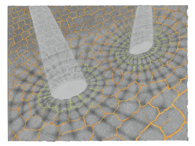 An abstract, color, graphite drawing of two holes with light passing through them.