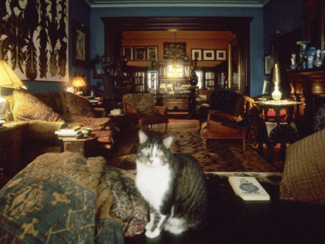 The interior of Virgil Thompson's historic apartment in the Chelsea hotel with a cat, taken by Linda Troeller in 1999.