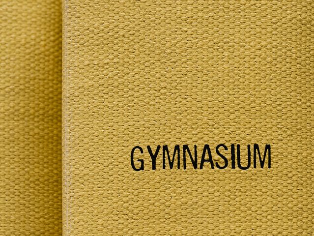 This is a photograph of a yellow book spine which says "GYMNASIUM," taken by artist Mickey Smith.