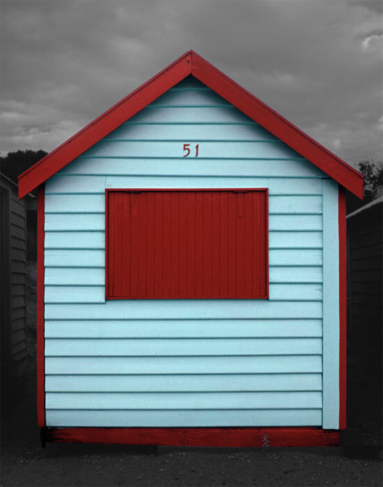 This is a photograph by Judy Gelles of an Australian Beach Box that is sky blue and red.