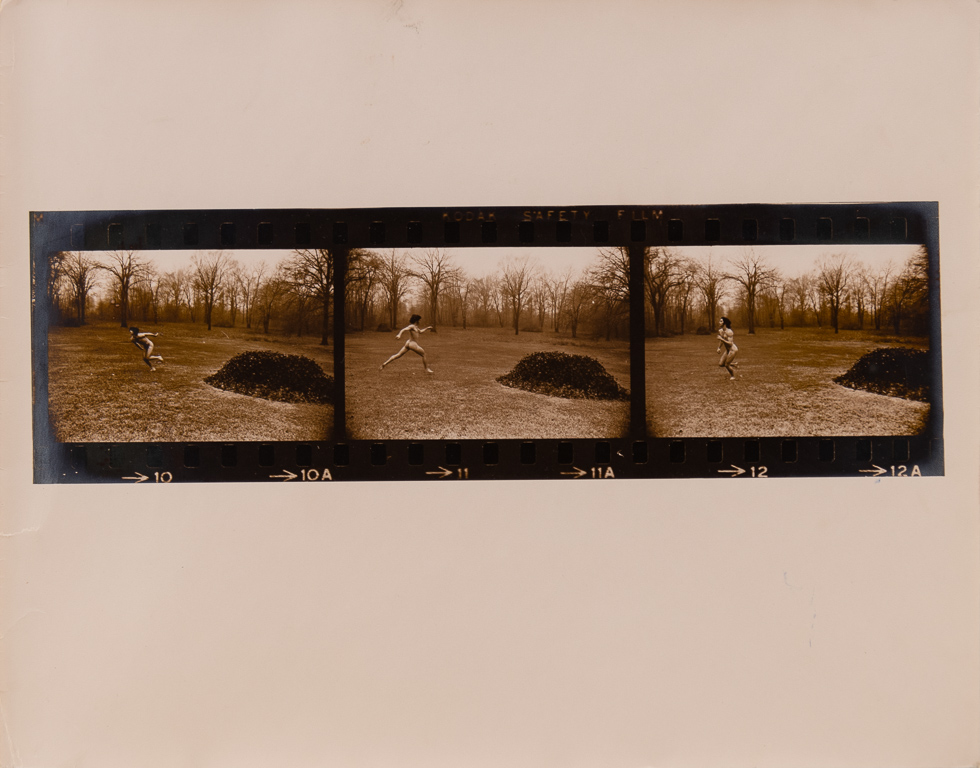 This is a copper tone photograph by Curtice Taylor of Alan Running Naked in Rye, NY 1974.