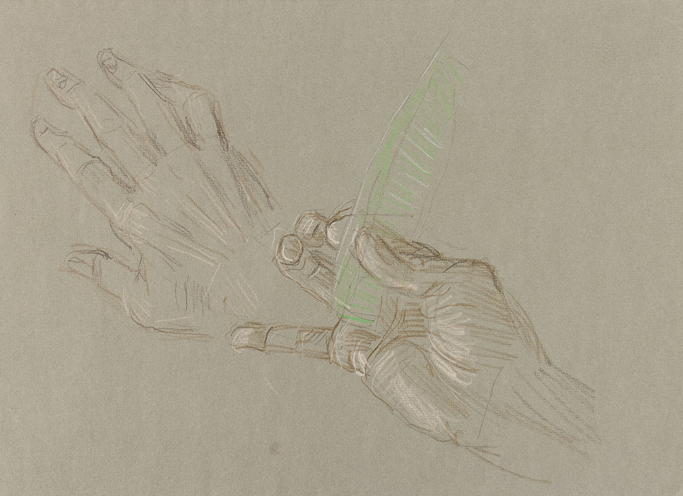 This is a drawing study on paper of a hand with a green comb with a second hand behind it.