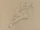 This is a drawing study by Paul Cadmus of a nude man (his partner Jon Anderson) writing in a book.