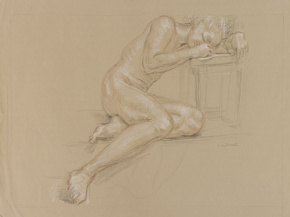 This is a drawing study by Paul Cadmus of a nude man (his partner Jon Anderson) writing in a book.