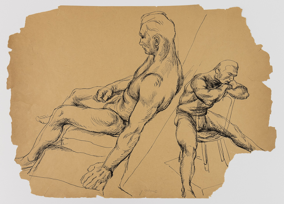 This is a drawing by Paul Cadmus in ink on paper from 1935 of two nude men facing back-to-back on the same buff-colored sheet with torn edges.