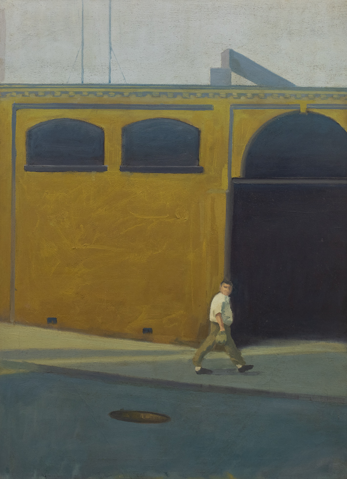 This is a painting of a man walking in an urban scene next to a yellow building and in front of a pothole.