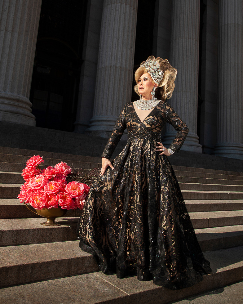 This is a photograph of drag performer Coco La Chine taken by Harry Hanson and Devin Antheus.