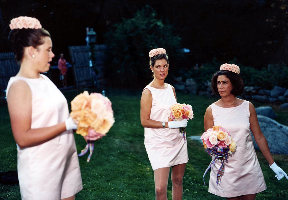 This is a photograph by Tina Barney of Three Bridesmaids in pink dresses.