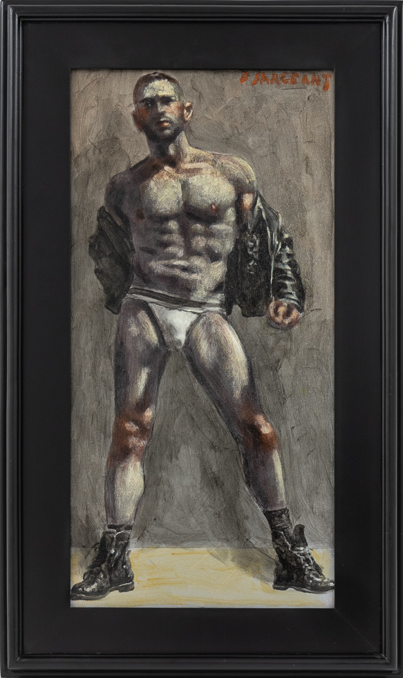 This is a painting of a muscular man wearing a leather jacket and boots along with a white jockstrap.