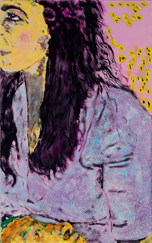 This is a painting of a woman with dark hair from the side with yellow skin and a purple blouse agains a pink and yellow speckled background.