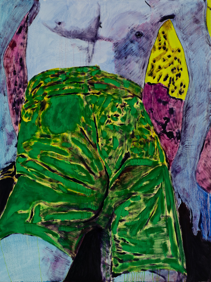 This is a painting of a shirtless man's torso and crotch wearing green shorts against a pink and yellow background.