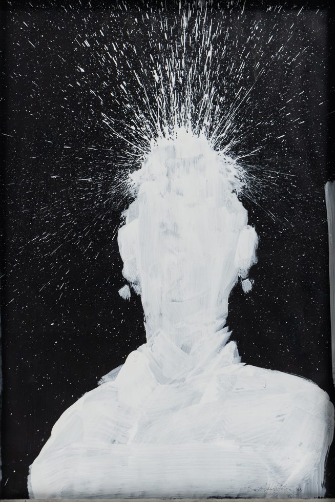 This is a black-and-white painting on paper of a figure by the artist Richard Hambleton depicting a figure made of white splattered ink on a black background as if the subject's head is exploding.