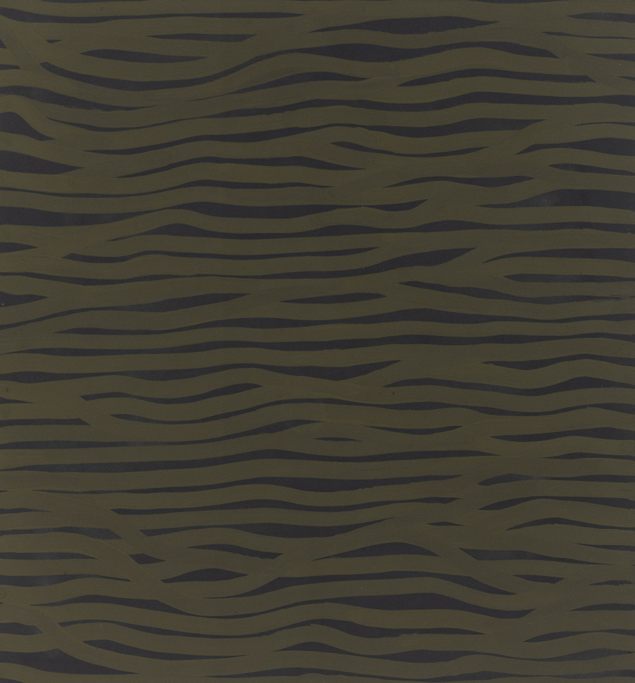 This is an abstract work on paper by Sol LeWitt that has green squiggly horizontal lines against a charcoal background.