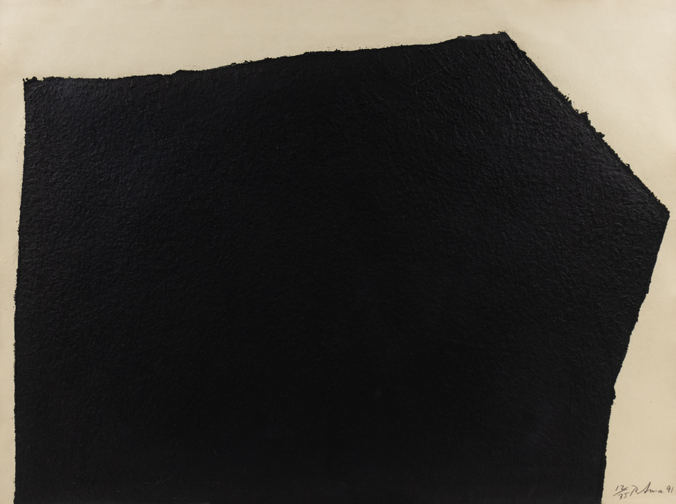 This is an abstract artwork etching by Richard Serra titled Hreppholar VII (Berswordt/Wallrabe 80; G. 1), 1991 that has a black geometric form against a blank white backdrop.