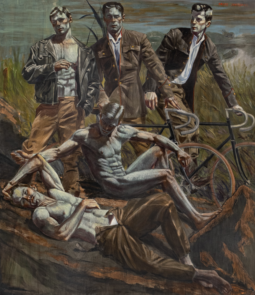 This is a painting by Mark Beard of man in a field, some with bikes, and another lying down with his pants undone.