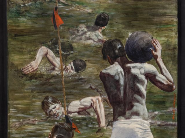 This is a paintings of various swimmers in green water with a man standing on the right holding a medicine ball.