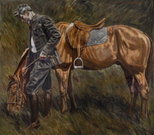 This is a painting of a man with a brown horse in a field.