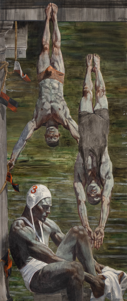 This is a painting of divers against a green background.