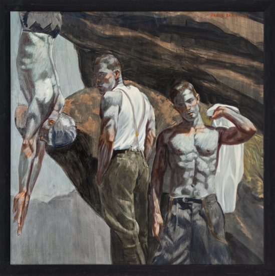 This is a painting of three men in front of a rock, one diving, and two standing.