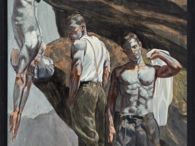 This is a painting of three men in front of a rock, one diving, and two standing.