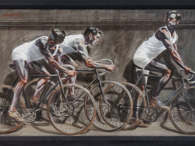 This is a painting displayed in a black frame depicting of a group of male cyclists.