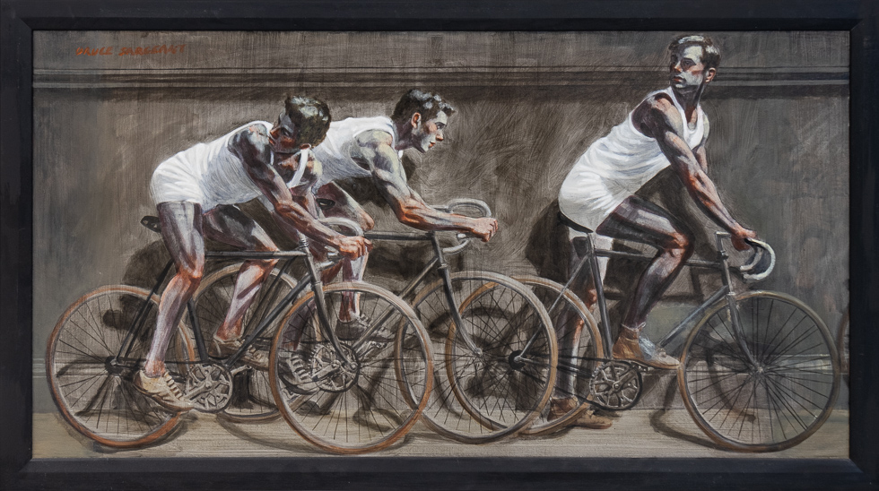 This is a painting of a group of male cyclists.