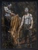 This is a painting of two shirtless men wearing suspenders with a brown horse standing between them.