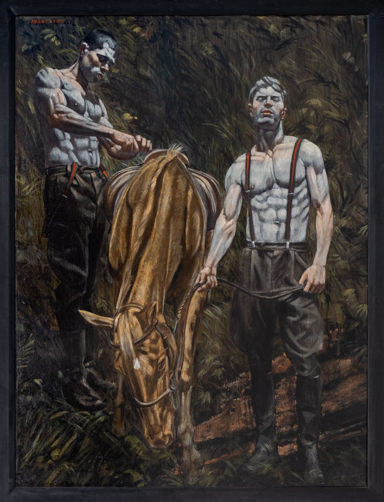 This is a painting of two shirtless men wearing suspenders with a brown horse standing between them.